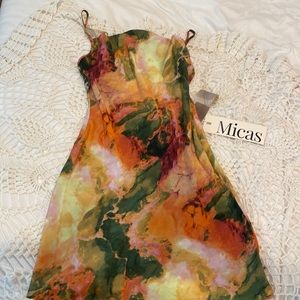 Micas Strapless Marble-Print Mini Dress in Orange & Green